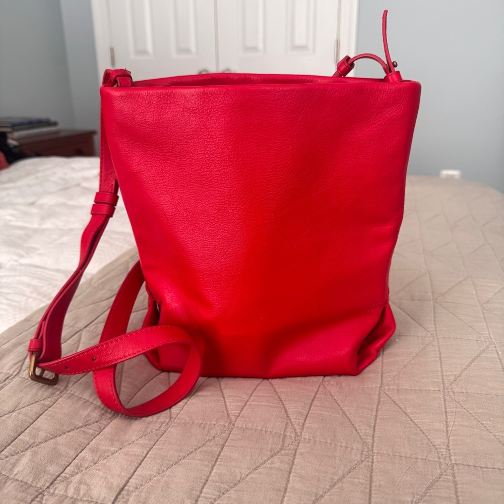 J. Crew Bright Red Leather Crossbody Bucket Bag
